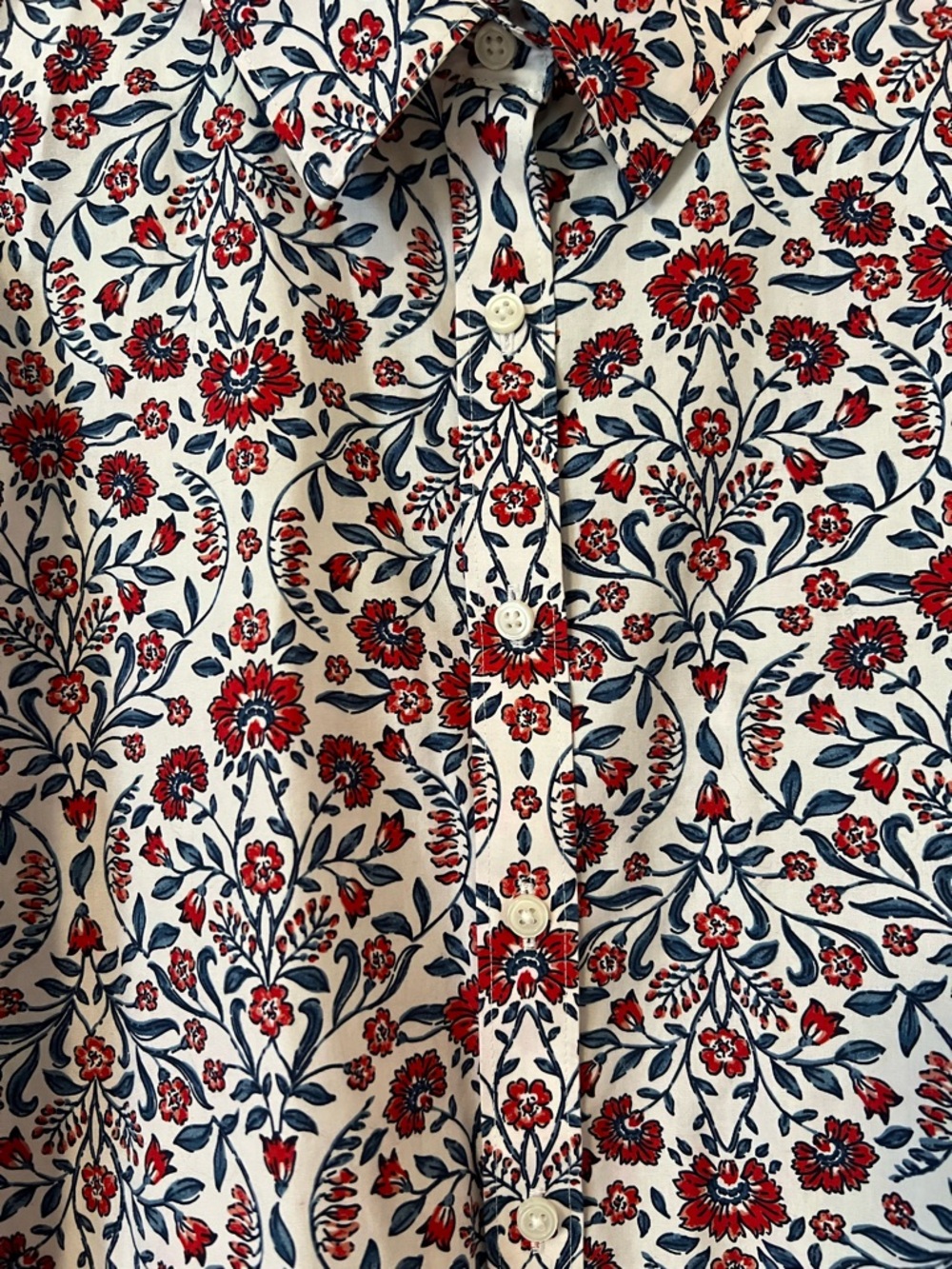 Lands' End Cream Floral Button-Up with Red and Navy Accents